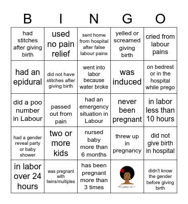 Birth Story Bingo Card