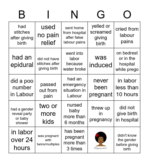 Birth Story Bingo Card