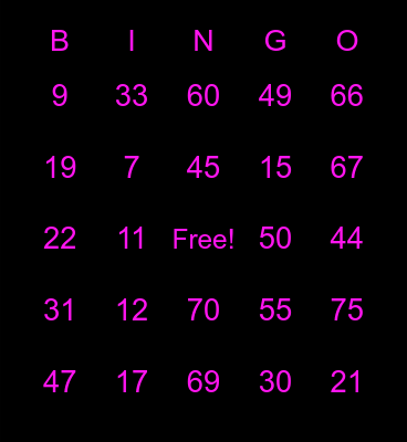 Black Pink Bingo Card