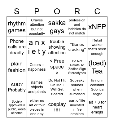 The How Sporc Are You Test Bingo Card