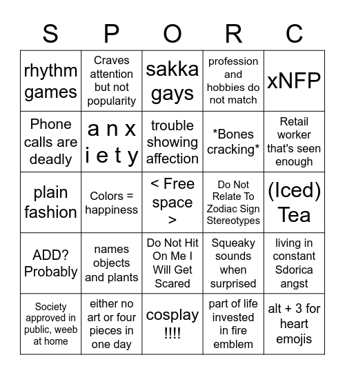 The How Sporc Are You Test Bingo Card