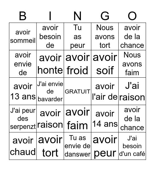 AVOIR Bingo Card