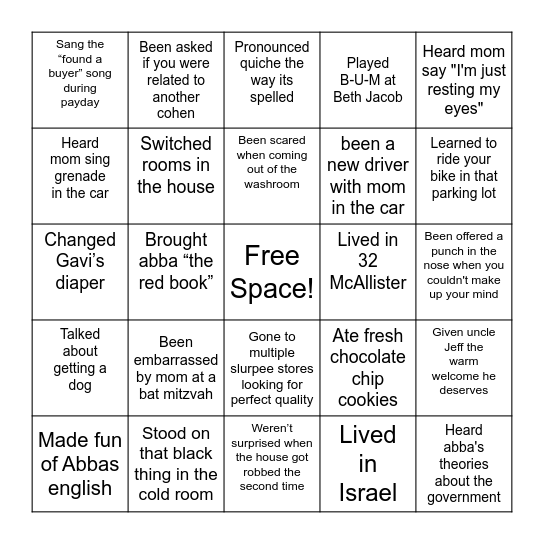 Cohen Family Bingo! Bingo Card