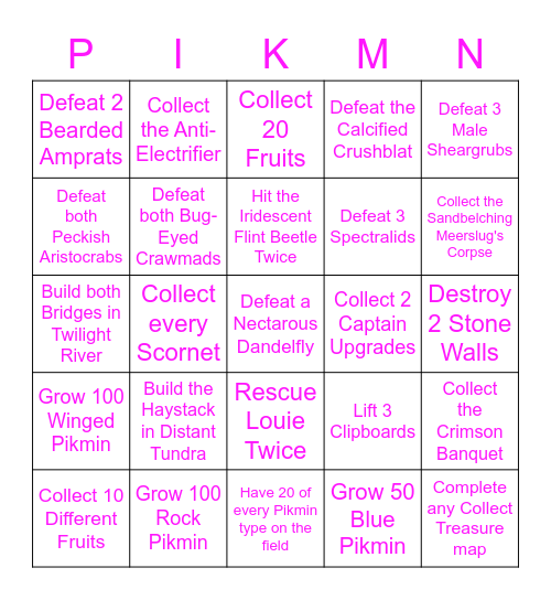 Pikmin 3 Challenge Bingo Card