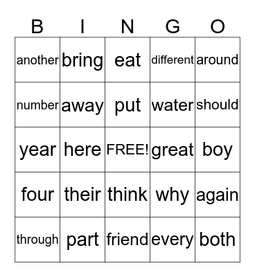 101-125 Sight Word Bingo Card