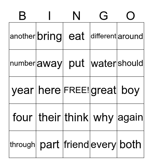 101-125 Sight Word Bingo Card
