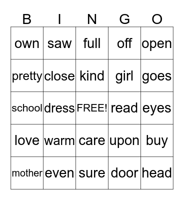 126-150 Sight Word Bingo Card