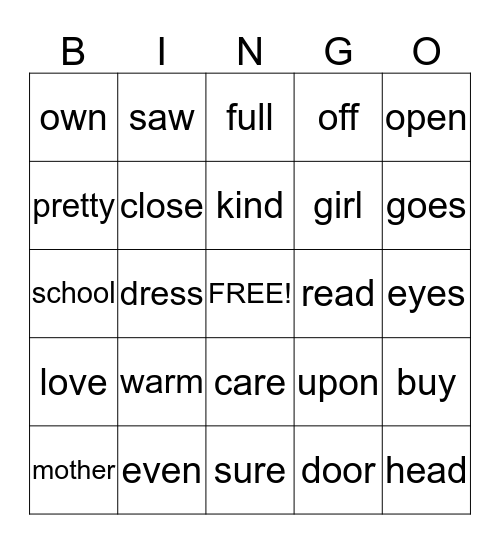 126-150 Sight Word Bingo Card