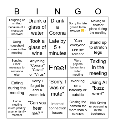 Working From Home Bingo Card