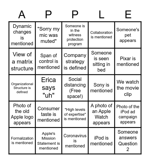 Apple Case Study Presentation Bingo Card