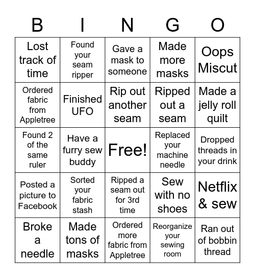 Quilter's Stay at Home Bingo Card