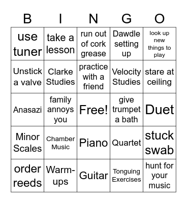 Musical Instrument Practice Bingo Card