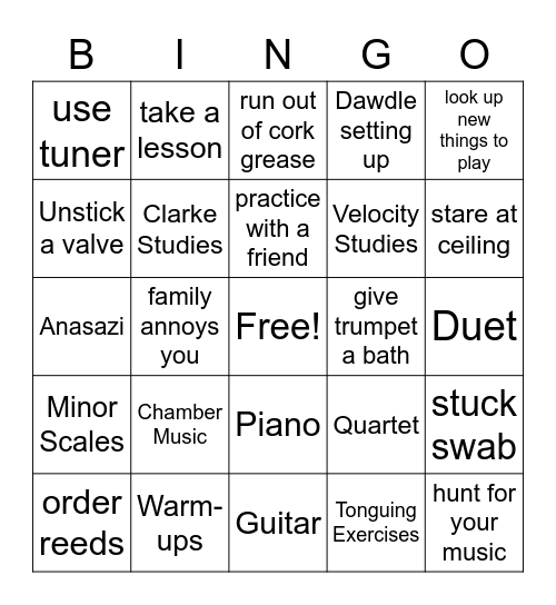Musical Instrument Practice Bingo Card