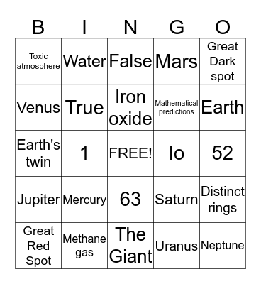 Planets Bingo Card