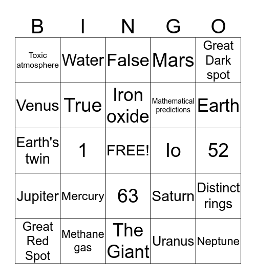 Planets Bingo Card