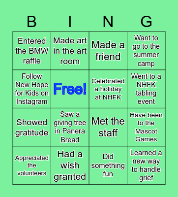 New Hope for Kids Bingo Card