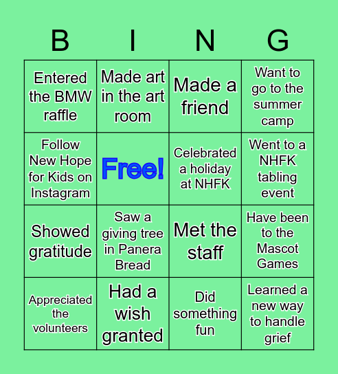 New Hope for Kids Bingo Card