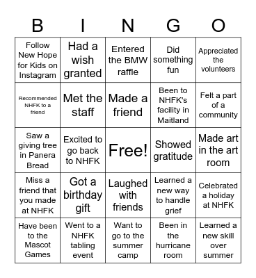 New Hope for Kids Bingo Card