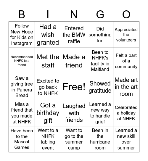 New Hope for Kids Bingo Card