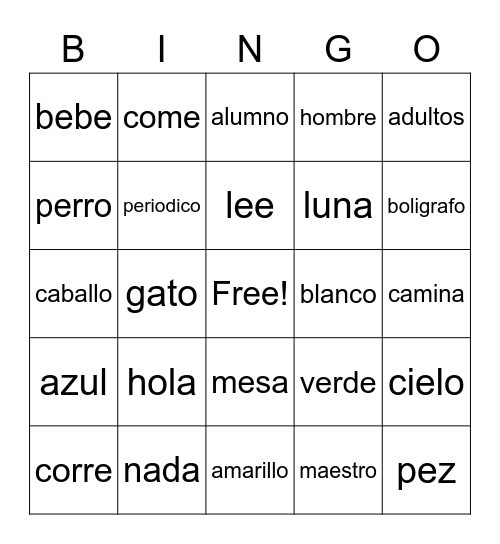 Spanish #1 Bingo Card