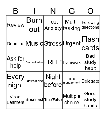Study Skills Bingo Card