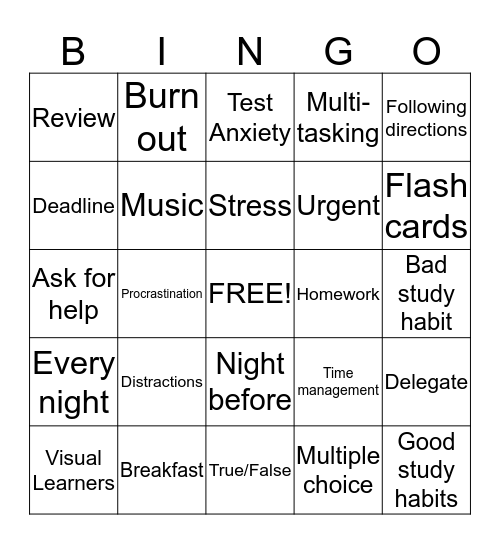 Study Skills Bingo Card