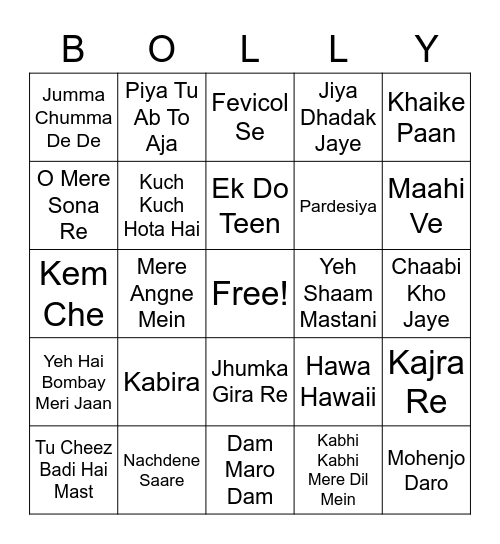 Bolly Bingo! Bingo Card