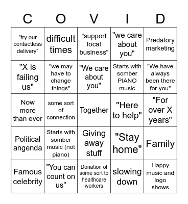 Covid Commercial Bingo Card