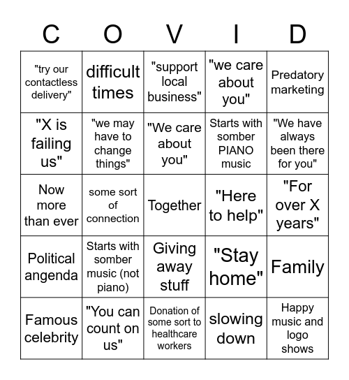 Covid Commercial Bingo Card