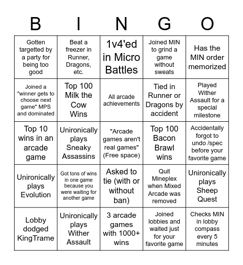 Mixed Arcade Bingo Card