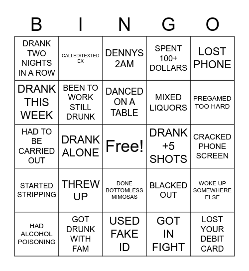 Alcoholic Bingo Card