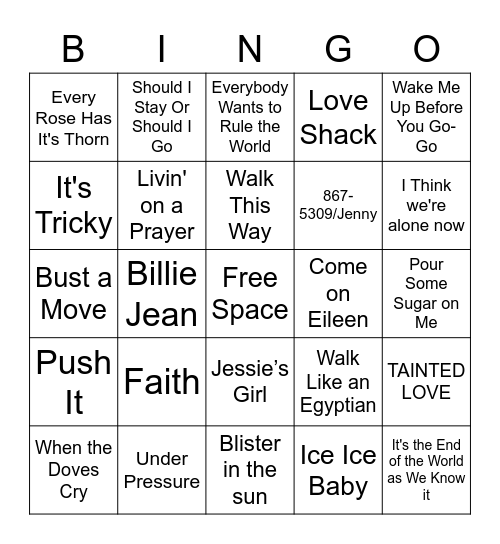 1980's MUSIC BINGO Card