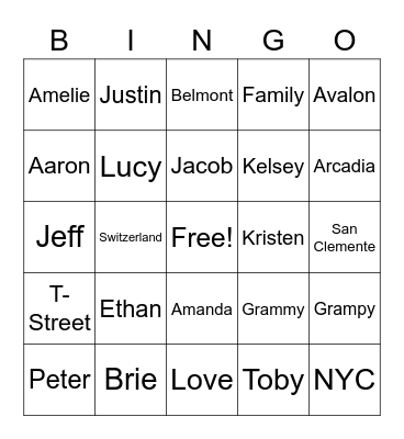 Family Bingo Night! Bingo Card