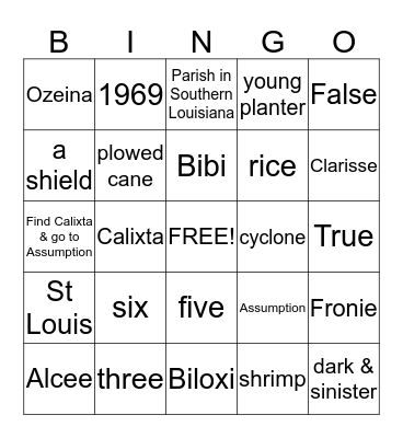 "At the Cadian Ball" & "The Storm" Bingo Card