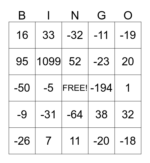 Adding and Subtracting Integers Bingo Card