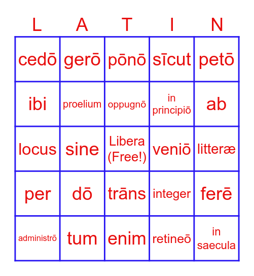 Latin Bingo II Bingo Card