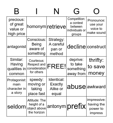 Vocab Bingo Answer sheet Bingo Card