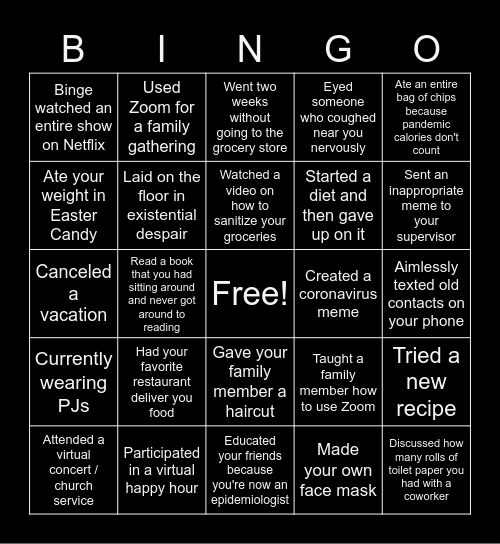 Social Distancing Bingo Card