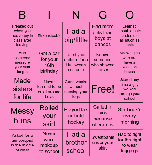 All girls school Bingo Card