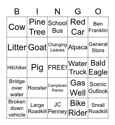 Road Trip PCMH Bingo Card