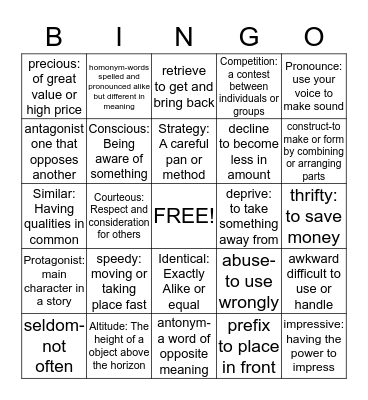 Vocab Bingo Answer sheet Bingo Card