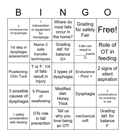 OT's Geriatric BINGO Card