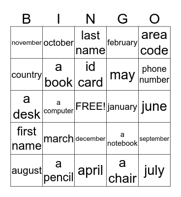 English Class Bingo Card