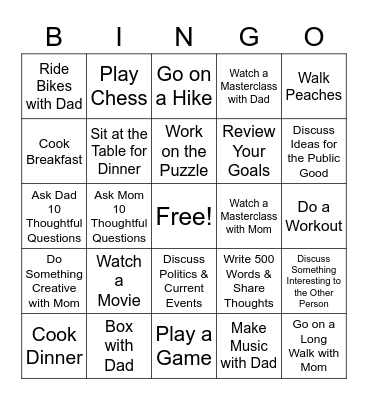 Wells Family Bingo Card