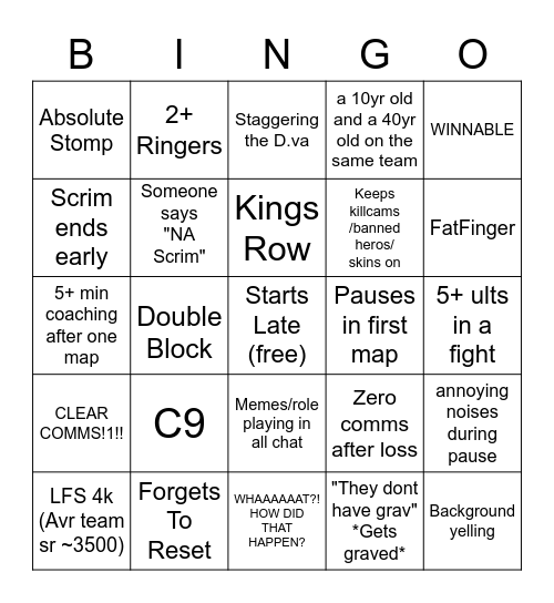 OW Scrim Bingo Card