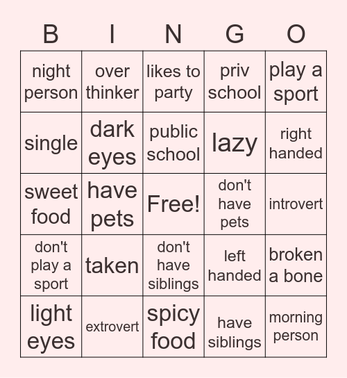 Bingo about you Bingo Card