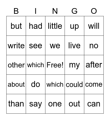 Sight Words Bingo Card