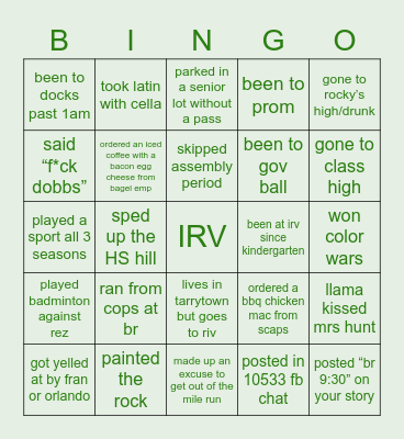 I R V I N G T O N Bingo Card