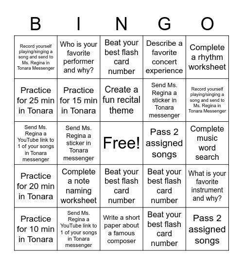 Music Lessons Bingo Card