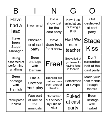 Saints Theatre Bingo Card